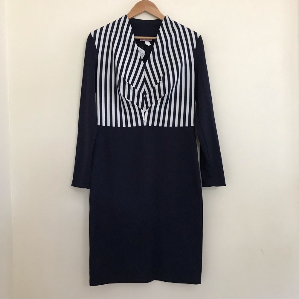 Lada Lucci stripe v-neck long sleeve sheath dress navy